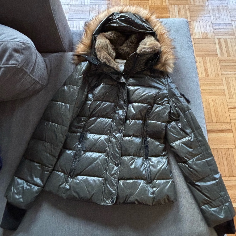 S13 Olive Puffer Jacket with Faux Fur Trim, Size S